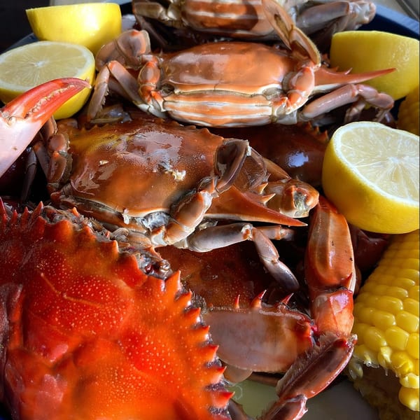 A platter of steamed crabs, corn on the cob, and lemon halves from Crab Fever.